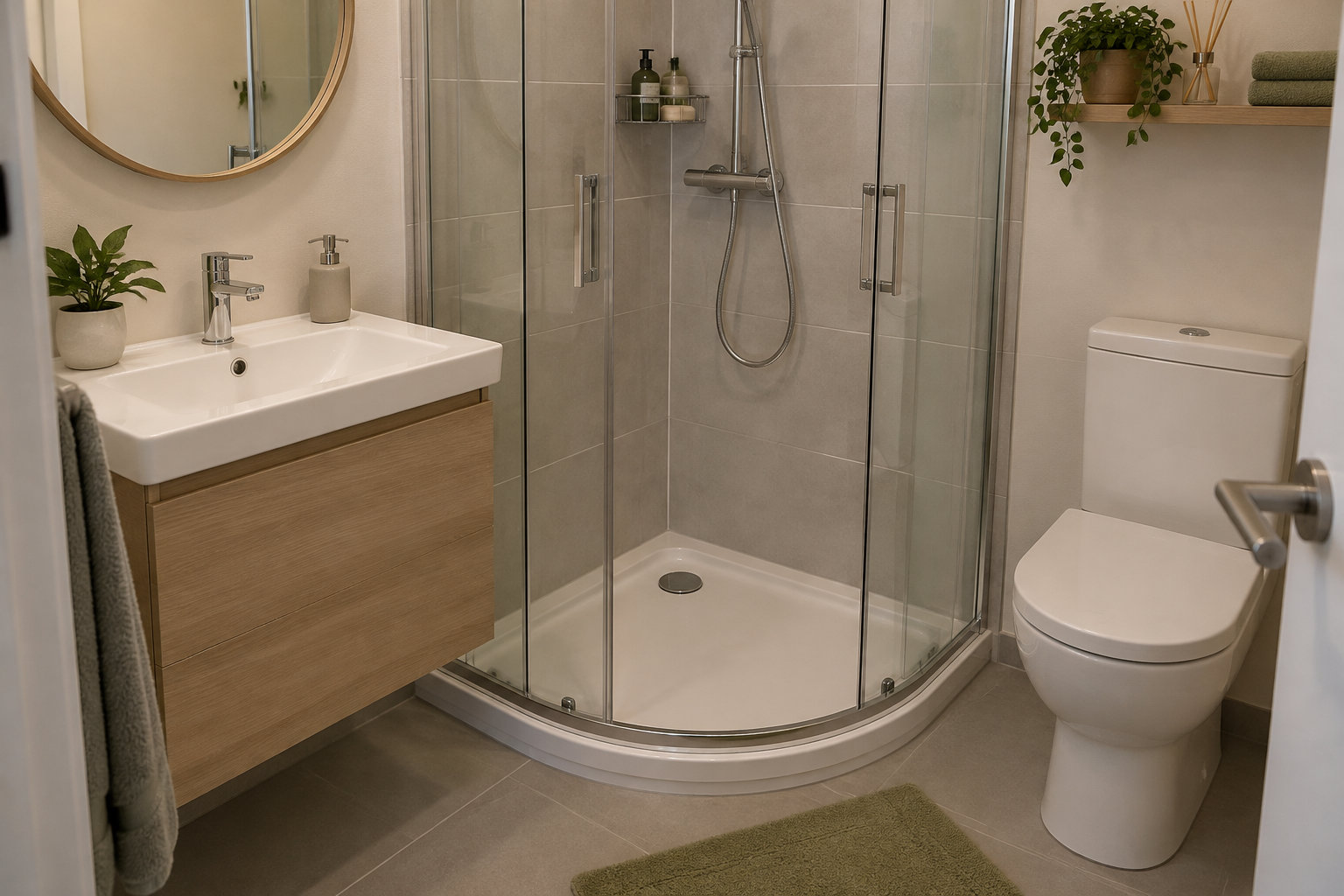 Une salle de bains avec une douche vitrée, un lavabo sur meuble en bois, des toilettes, des plantes et un tapis vert.
