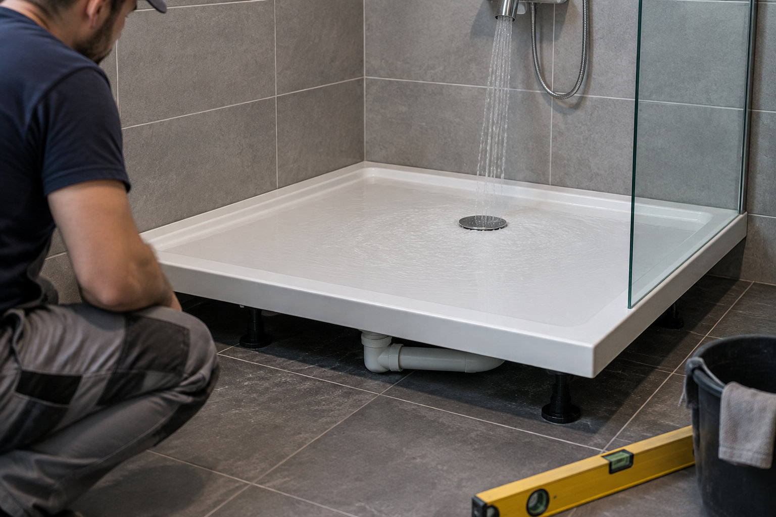 Un homme agenouillé vérifie l’installation d’un receveur de douche, avec un niveau à bulle posé sur le sol.