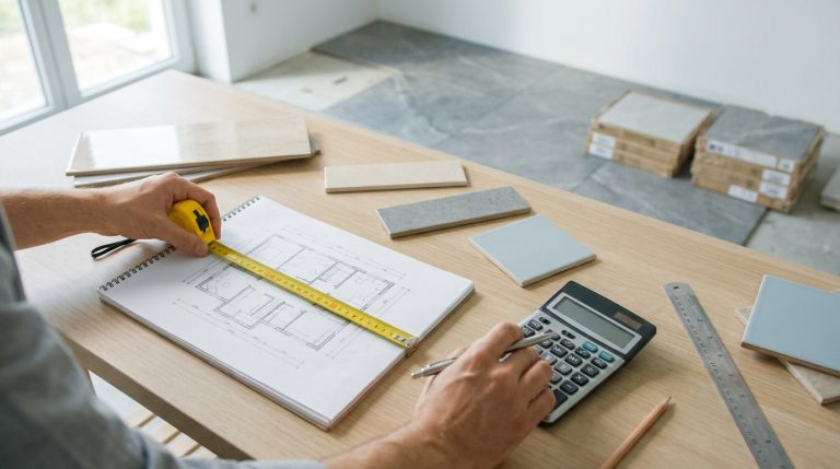 Une personne utilise un mètre ruban et une calculatrice pour planifier le carrelage d'une pièce sur un plan architectural.
