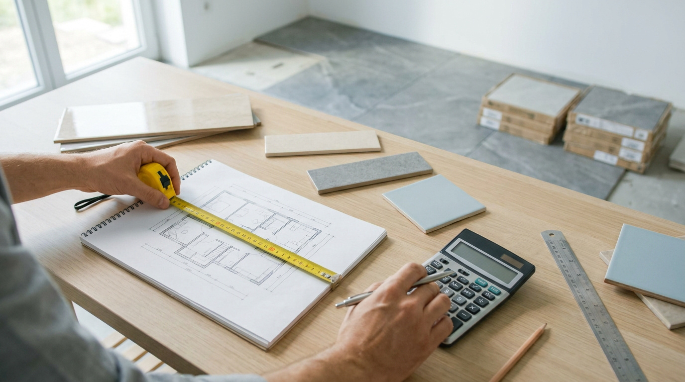 Une personne utilise un mètre ruban et une calculatrice pour planifier le carrelage d'une pièce sur un plan architectural.
