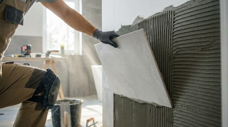 Un artisan pose un carreau grand format sur un mur encollé avec de la colle peignée.