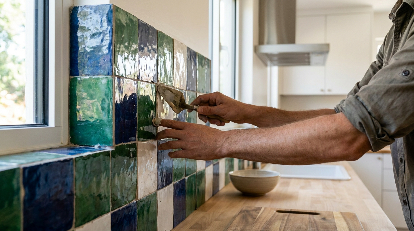 Un artisan pose des carreaux de zellige colorés sur la crédence d'une cuisine à l'aide d'une petite truelle.