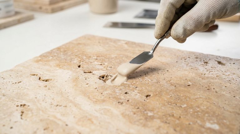 Main gantée utilisant une spatule pour appliquer du mortier de remplissage dans les pores d'une dalle de travertin.
