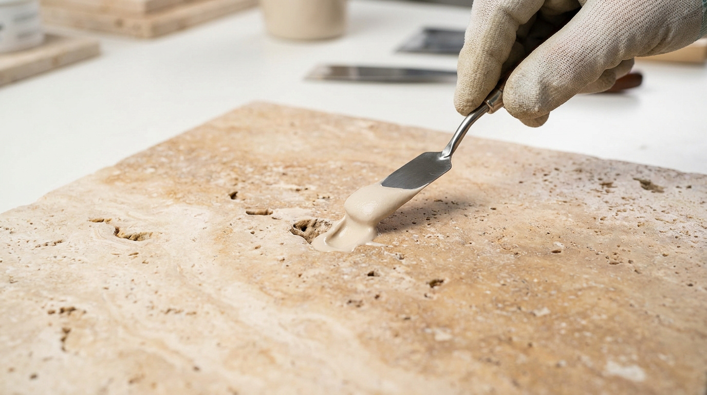 Main gantée utilisant une spatule pour appliquer du mortier de remplissage dans les pores d'une dalle de travertin.