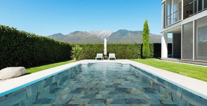 Terrasse moderne avec piscine naturelle en effet pierre