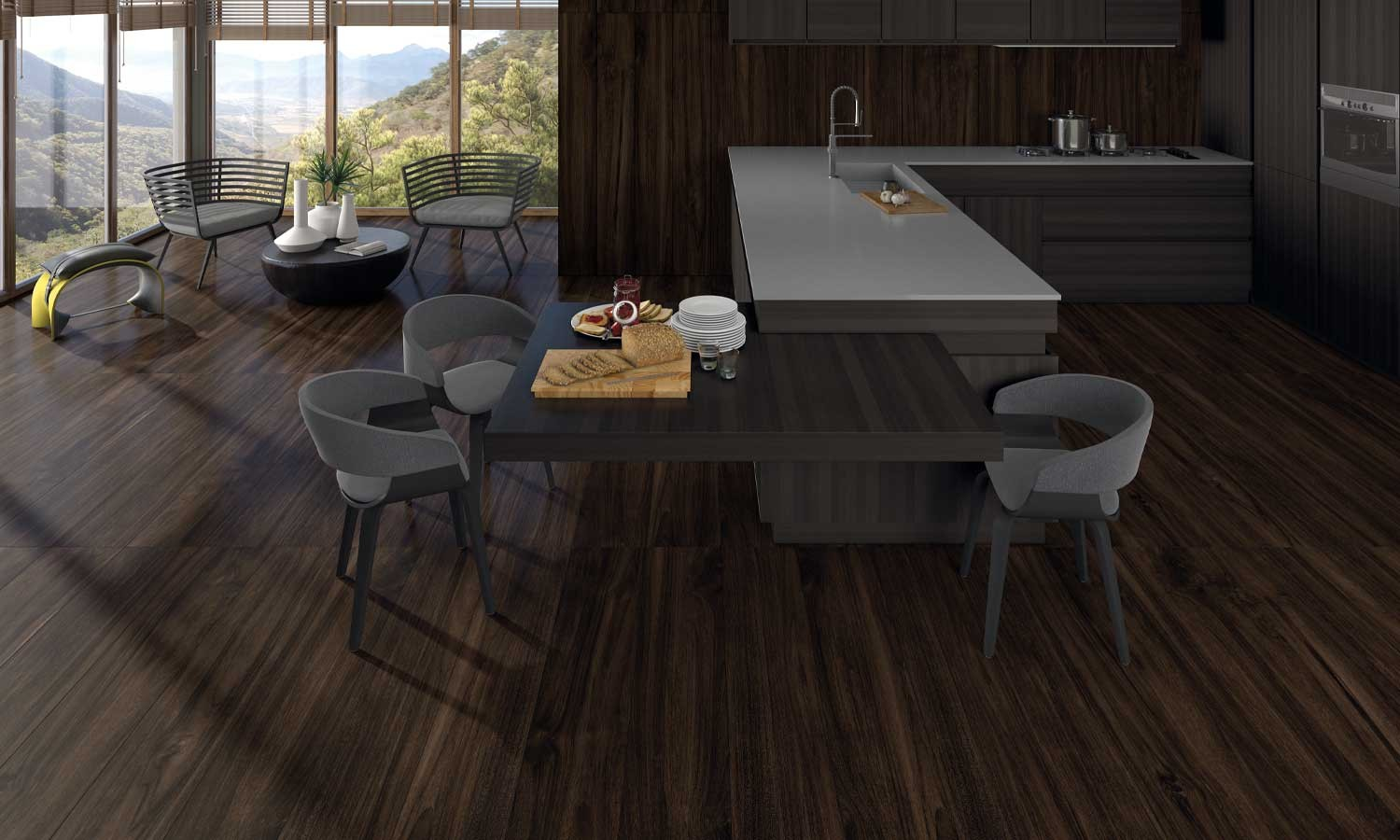 Une salle à manger moderne avec cuisine ouverte